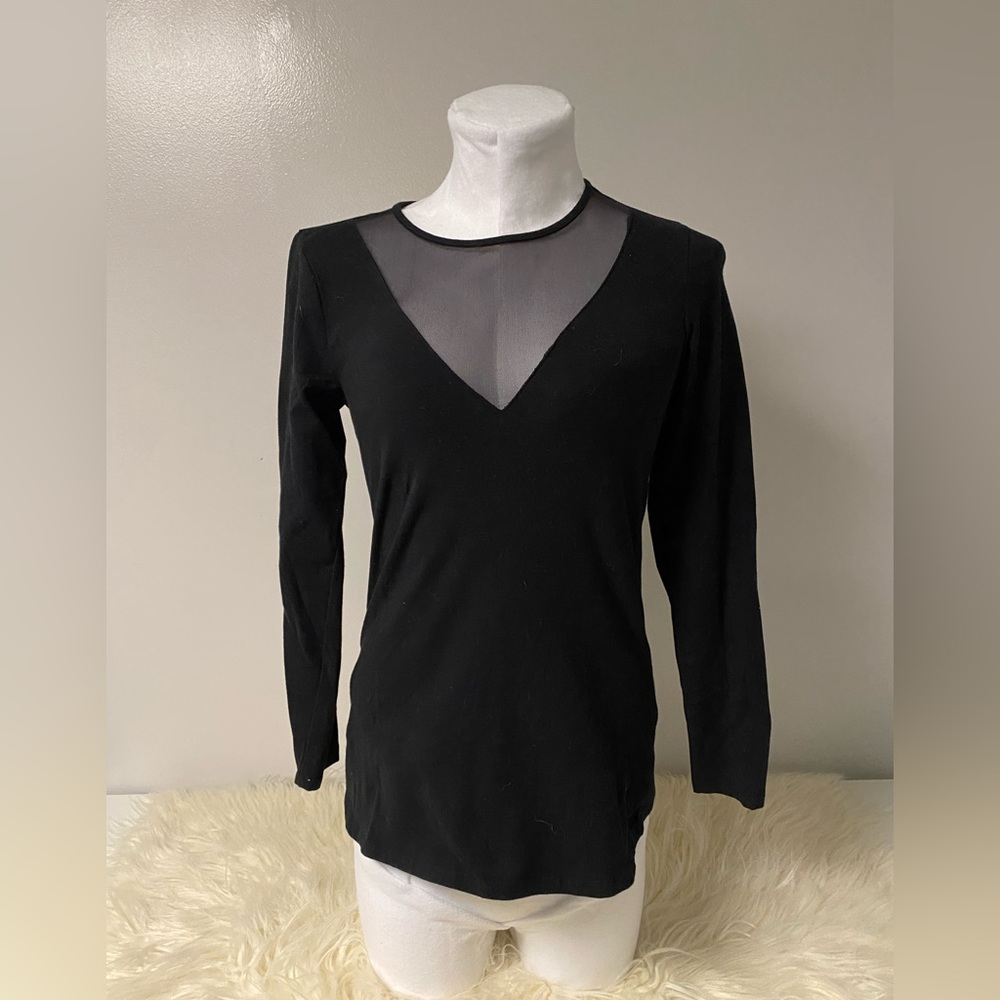 TORRID Size 00 Long Sleeve Black Top with Mesh Neckline